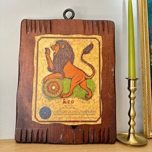 Vintage 70s Leo Astrology Wooden Wall Hanging Decor